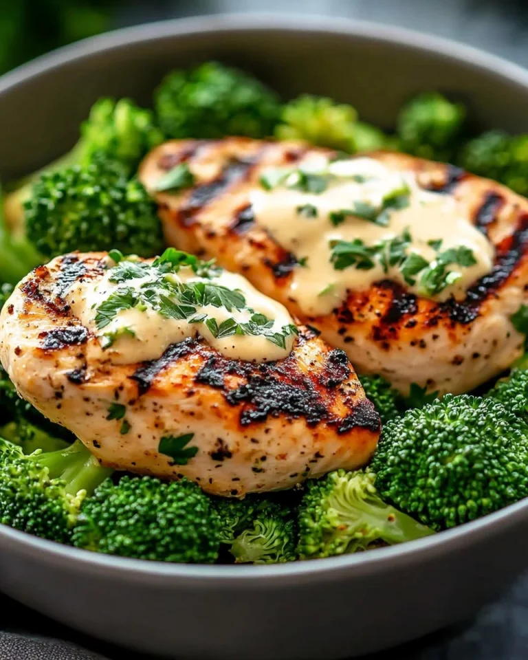 Grilled chicken bowls with broccoli and creamy garlic sauce