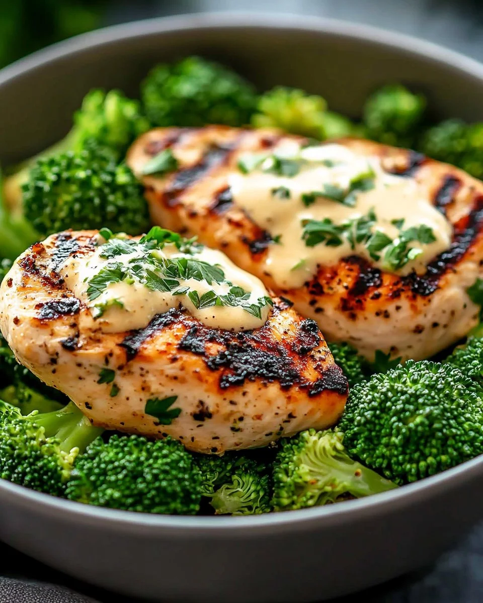 Grilled chicken bowls with broccoli and creamy garlic sauce