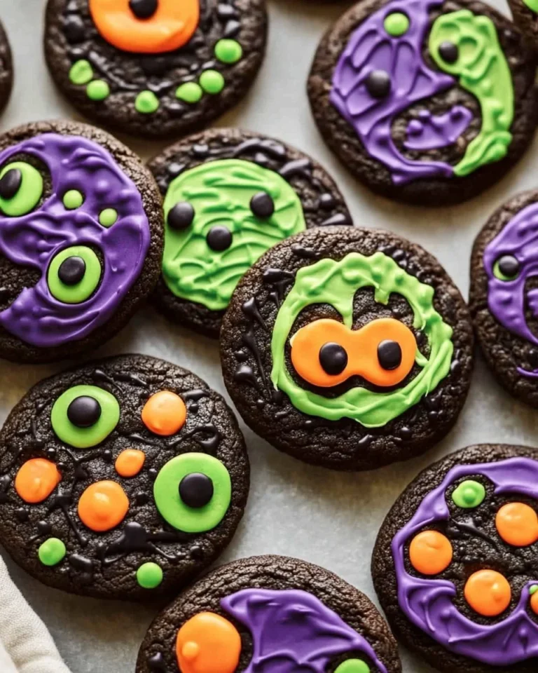 Plate of festive Halloween chocolate chip cookies with spooky decorations