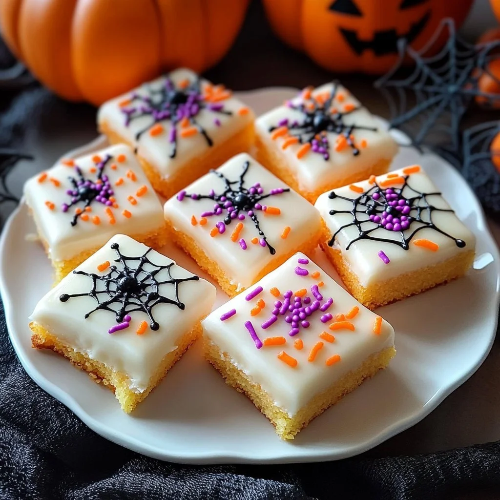 Halloween-themed sugar cookie bars decorated with spooky designs