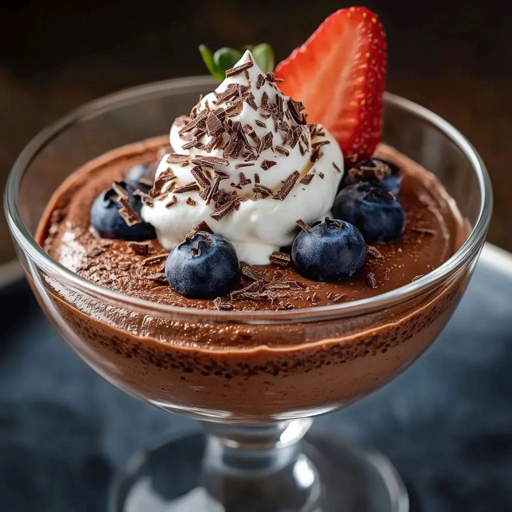 High protein chocolate chia pudding in a bowl topped with berries.