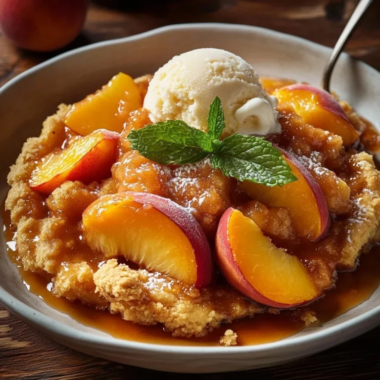 A delicious homemade peach cobbler served warm with ice cream on top.