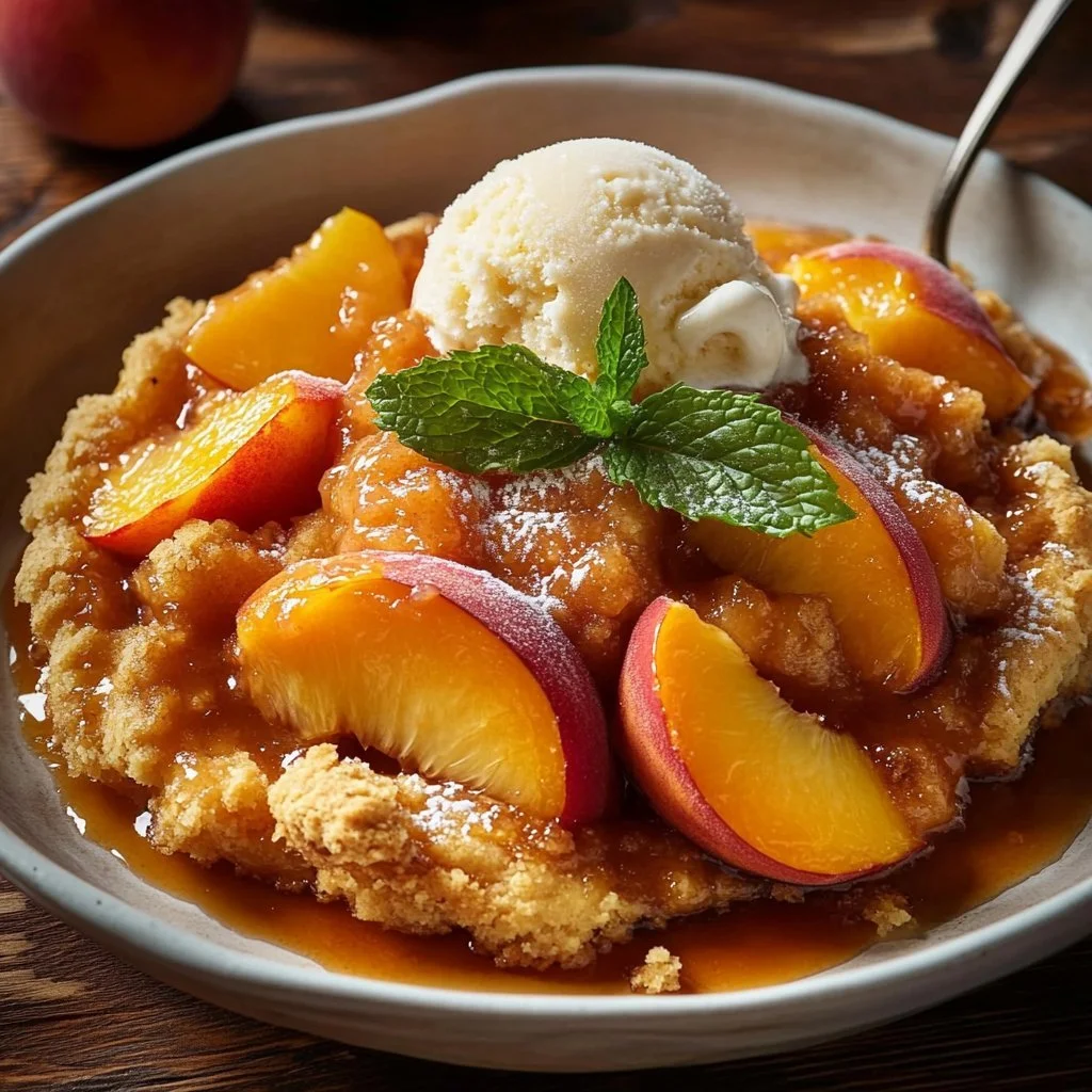 A delicious homemade peach cobbler served warm with ice cream on top.