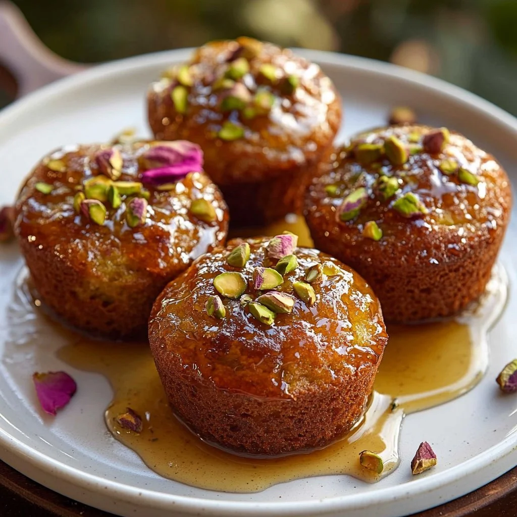 Freshly baked honey-drizzled spiced baklava muffins on a wooden plate