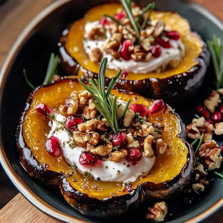 Honey-glazed acorn squash with goat cheese and cranberry drizzle served on a plate.