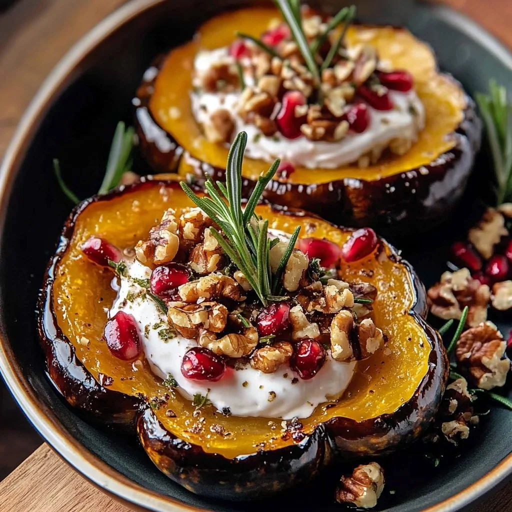 Honey-glazed acorn squash with goat cheese and cranberry drizzle served on a plate.