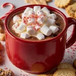 Delicious hot cocoa dip served with marshmallows and chocolate sprinkles.