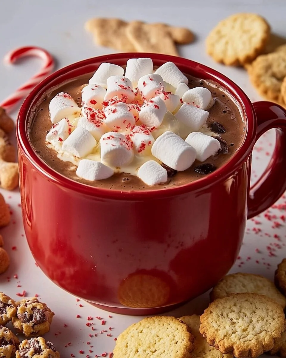 Delicious hot cocoa dip served with marshmallows and chocolate sprinkles.