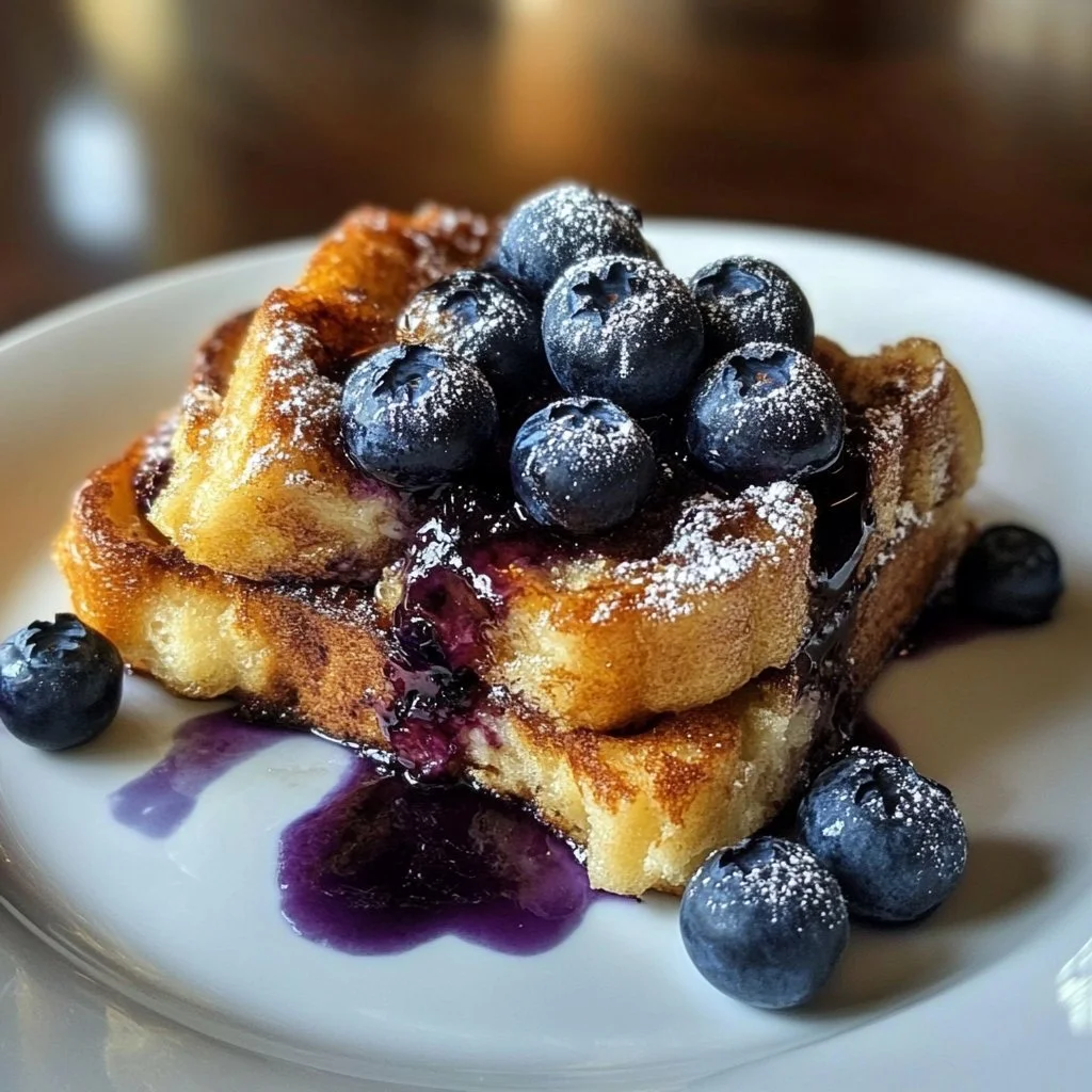 Delicious Blueberry French Toast Casserole topped with fresh blueberries