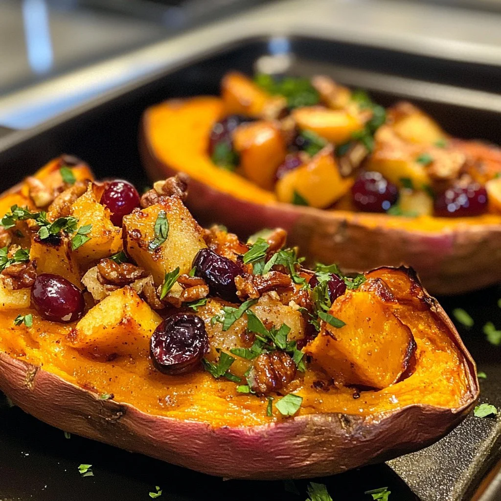 Cranberry apple twice-baked sweet potatoes on a festive plate