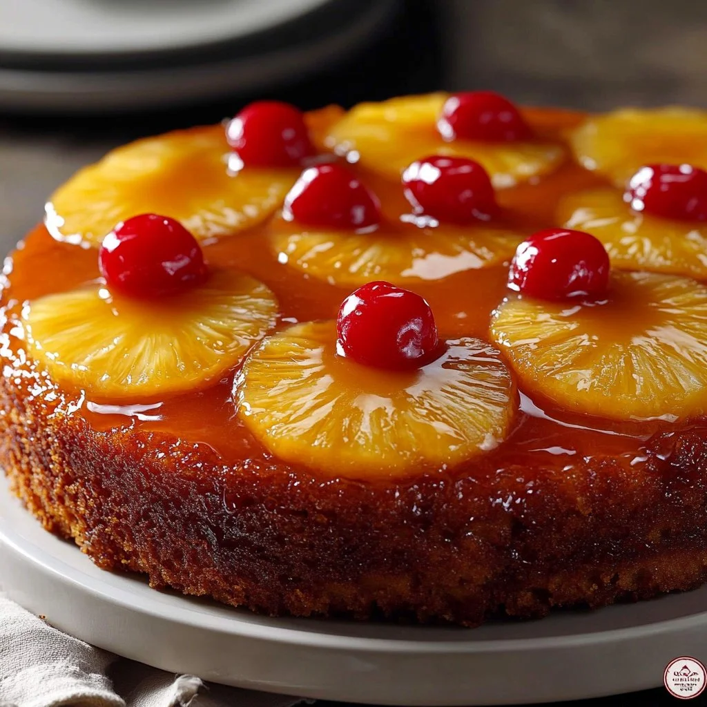 Delicious pineapple upside-down cake topped with caramelized pineapple slices