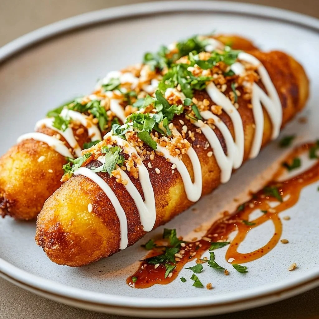Delicious Korean Corn Dog served with mustard and ketchup