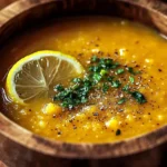 Bowl of flavorful Lemon Lentil Soup garnished with lemon and herbs