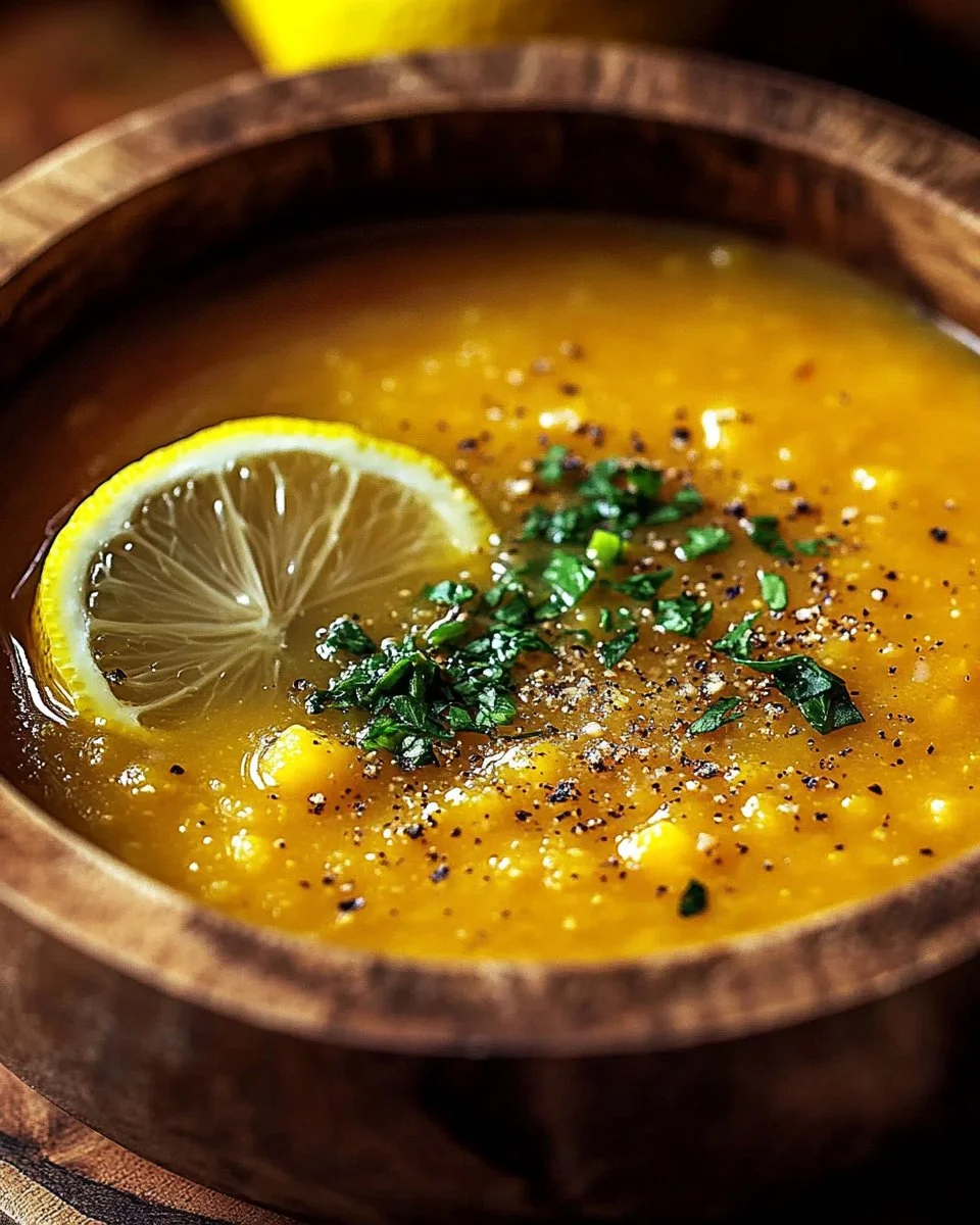 Bowl of flavorful Lemon Lentil Soup garnished with lemon and herbs