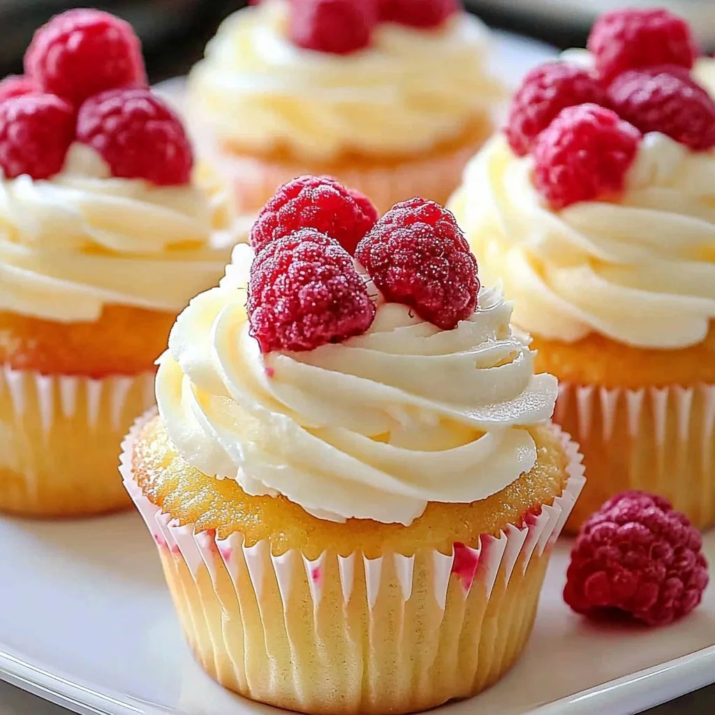 Delicious lemon raspberry cupcakes topped with fresh raspberries and lemon zest.