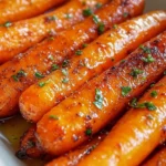 Maple glazed carrots drizzled with sweet syrup, served as a colorful side dish.