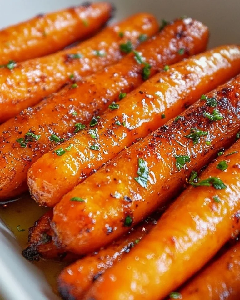 Maple glazed carrots drizzled with sweet syrup, served as a colorful side dish.