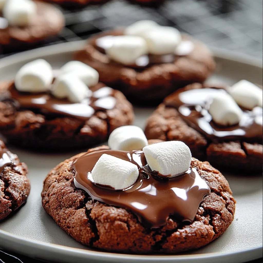 Decadent Marshmallow-Surprise Hot Cocoa Cookies with warm chocolate and marshmallows