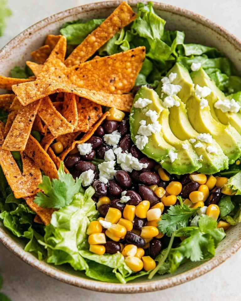 Colorful Mexican Caesar Salad topped with fresh ingredients and a zesty dressing.