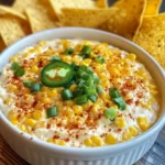 Delicious Mexican corn dip served in a bowl with tortilla chips on the side