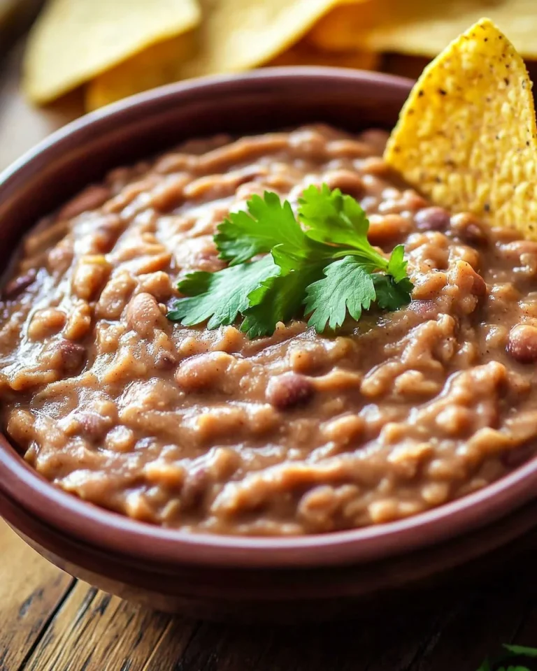 Delicious bowl of homemade Mexican refried beans garnished with fresh cilantro.