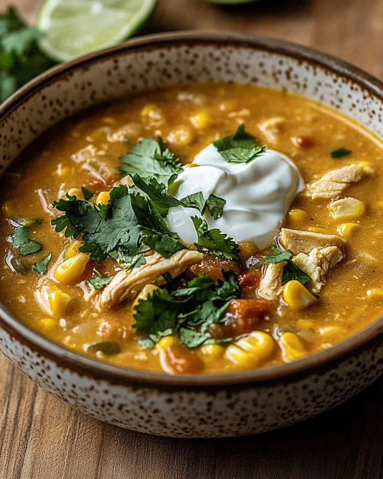 Bowl of Mexican Street Corn White Chicken Chili, featuring chicken and corn.