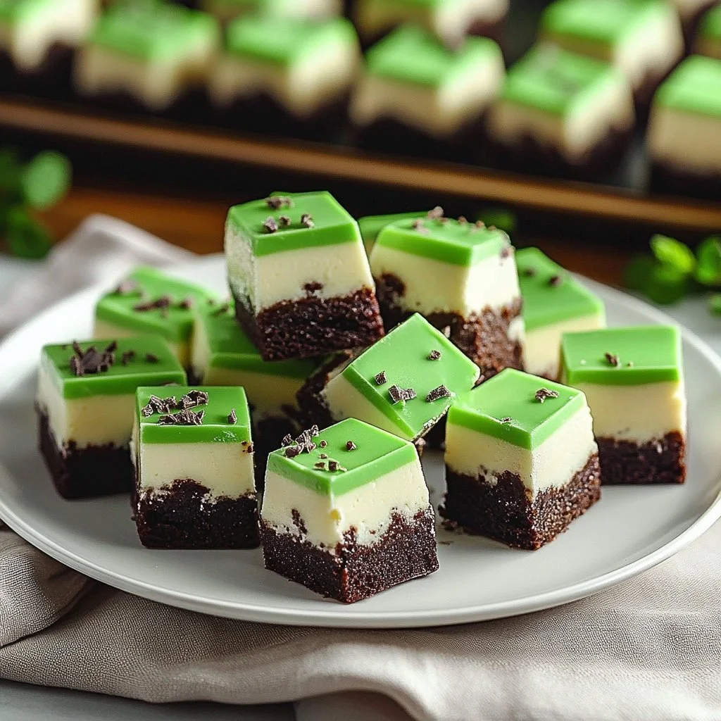 Mint chocolate chip fudge squares layered with cookie dough and brownie crust