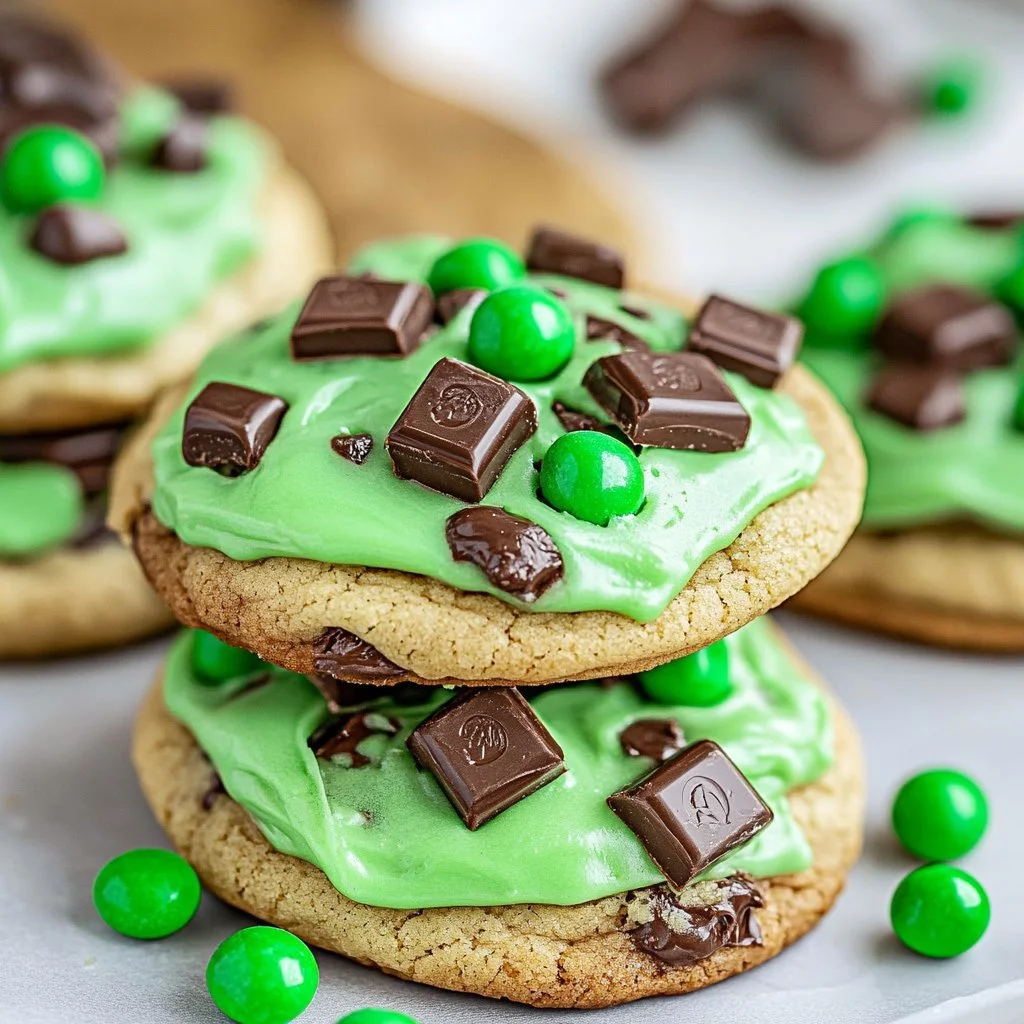 Freshly baked mint chocolate chunk cookies on a cooling rack