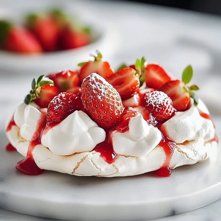 Delicious Mother's Day strawberry pavlova topped with fresh strawberries and cream.