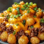Delicious one-pan cheeseburger tater tot pasta dish garnished with cheese and herbs.
