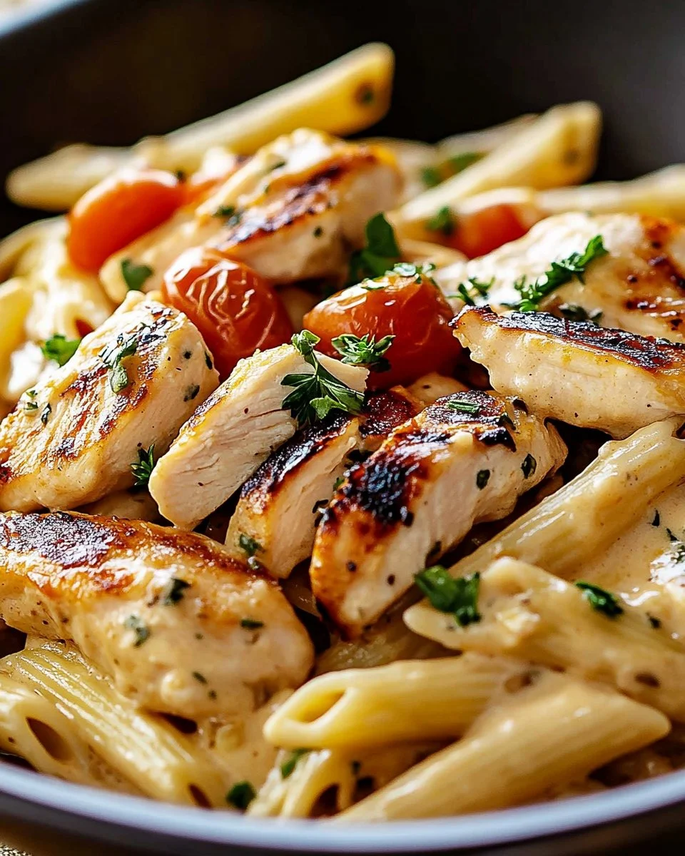 One Pot Chicken Alfredo Pasta served in a bowl with fresh parsley garnish.