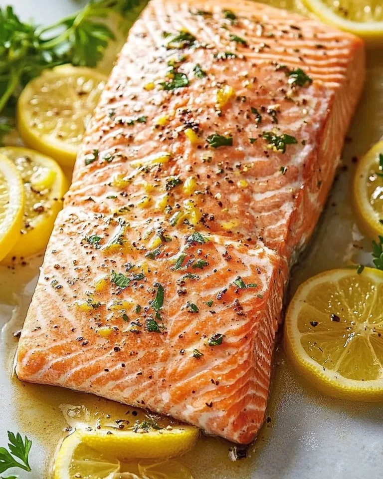 Delicious oven-baked salmon garnished with herbs and lemon slices