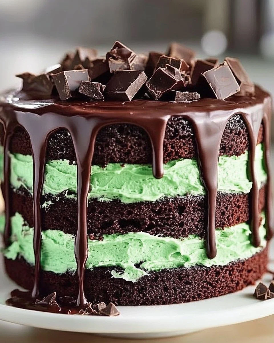Delicious peppermint chocolate layer cake with festive holiday decorations.