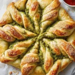 Pesto pizza stuffed star bread topped with fresh basil and mozzarella cheese