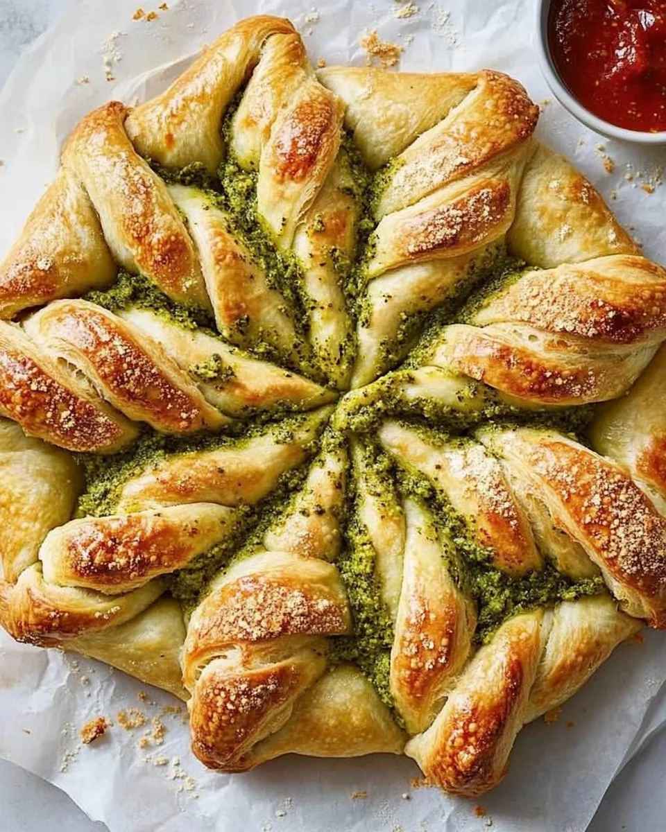 Pesto pizza stuffed star bread topped with fresh basil and mozzarella cheese