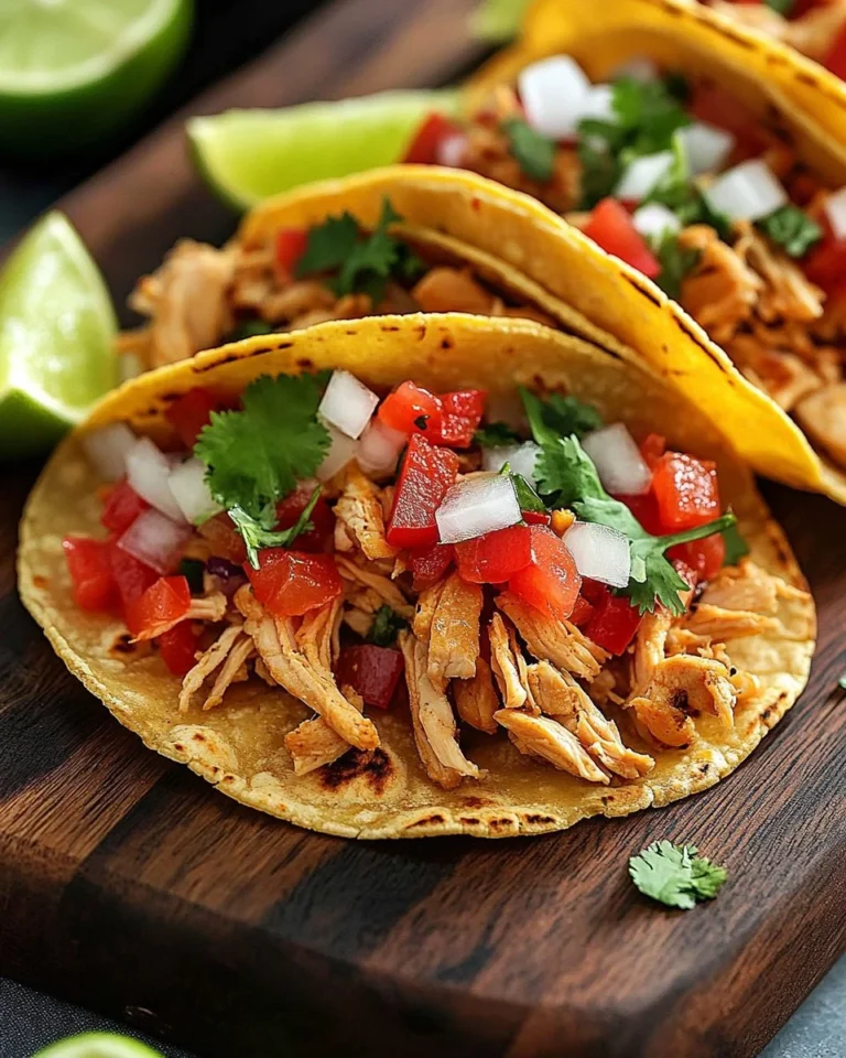 Delicious pulled chicken tacos topped with fresh ingredients ready to enjoy.