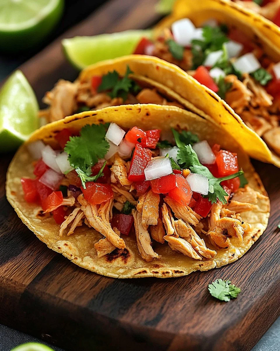 Delicious pulled chicken tacos topped with fresh ingredients ready to enjoy.