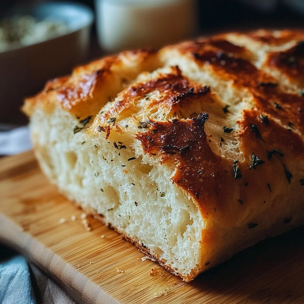 Slice of quick no yeast bread on a wooden cutting board