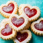 A plate of Raspberry Jam Sandwich Cookies with a dusting of powdered sugar