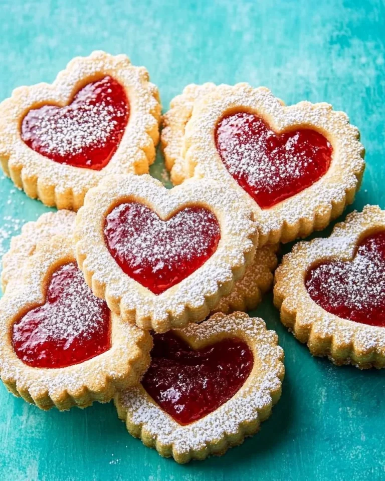 A plate of Raspberry Jam Sandwich Cookies with a dusting of powdered sugar