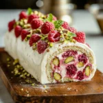 Raspberry Pistachio Roulade dessert on a white plate