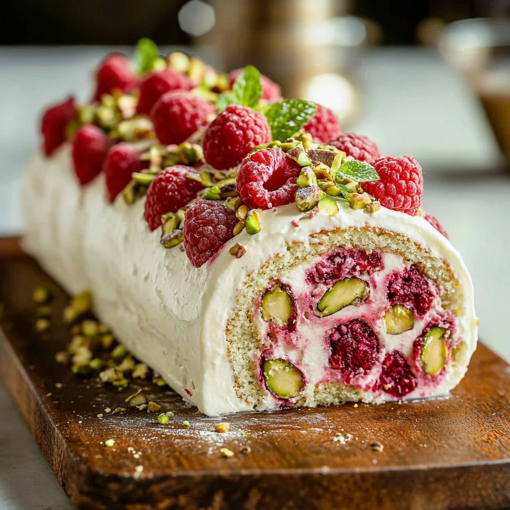 Raspberry Pistachio Roulade dessert on a white plate
