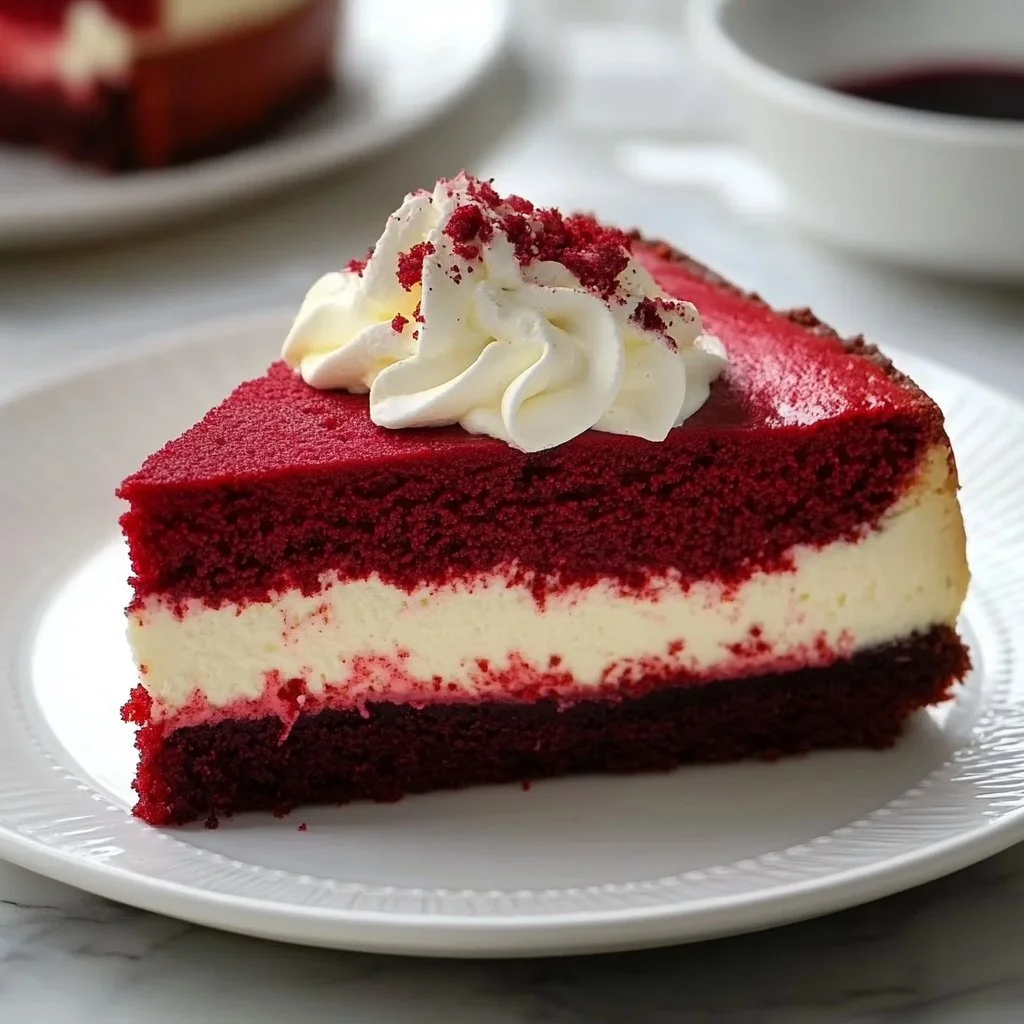 Slice of Red Velvet Cheesecake topped with cream cheese frosting and decorative sprinkles.