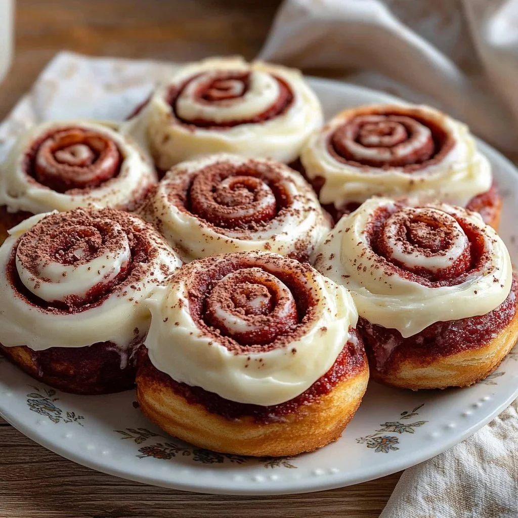 Delicious red velvet cinnamon rolls with cream cheese frosting on a white plate