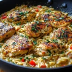 Creamy Ricotta Chicken Orzo Skillet with fresh herbs and vegetables