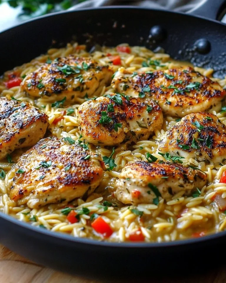 Creamy Ricotta Chicken Orzo Skillet with fresh herbs and vegetables