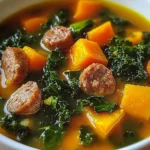 Bowl of Sausage Sweet Potato Kale Soup garnished with fresh herbs
