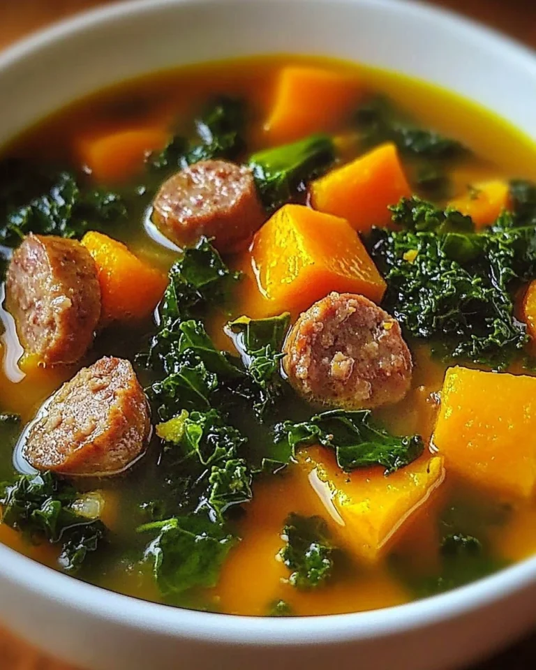 Bowl of Sausage Sweet Potato Kale Soup garnished with fresh herbs