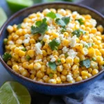 Delicious skillet Mexican Street Corn served in a bowl with toppings.