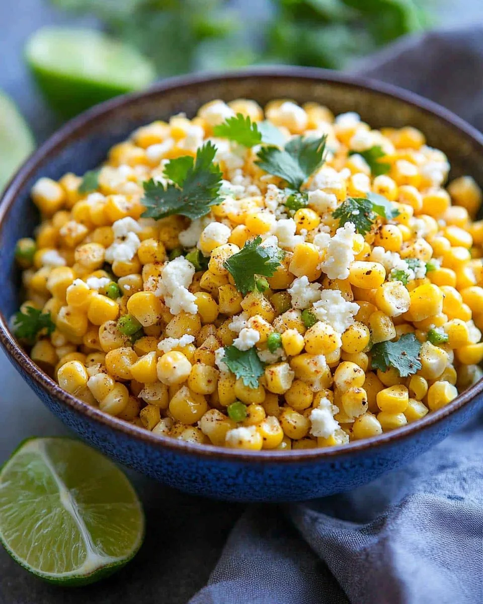 Delicious skillet Mexican Street Corn served in a bowl with toppings.